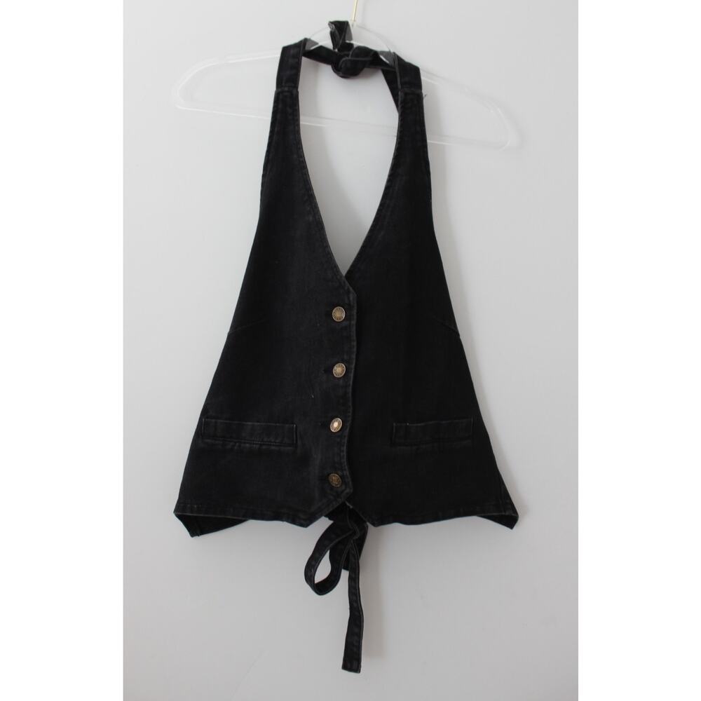 Womens Halter Denim Vest Top Open Back Size Small Black Pre-Owned